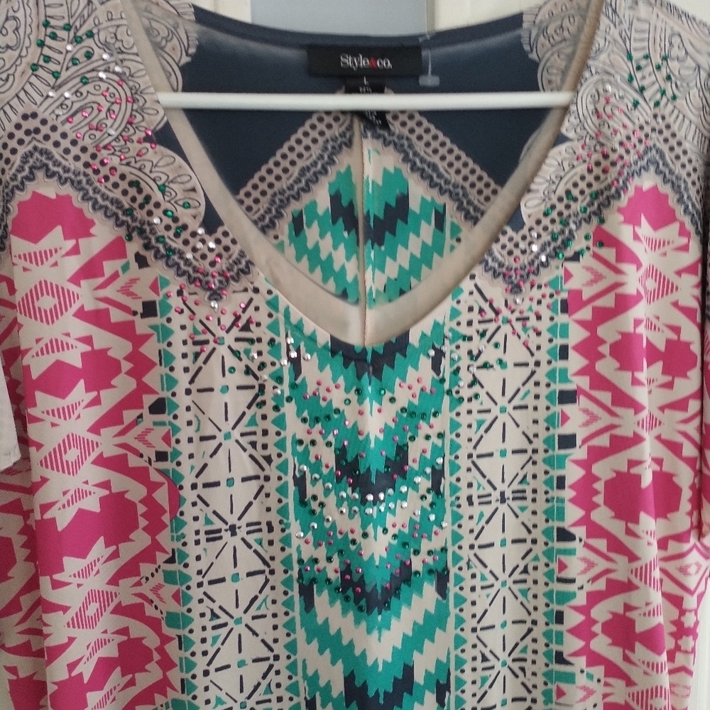 Style & Co Multi Colored V Neck Slit Sleeve Top L - Picture 2 of 10